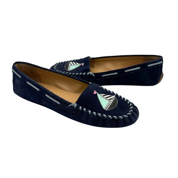 Talbots Everson Sailboat Applique Driving Moccasins Navy Suede Leather Flats - Picture 2 of 9
